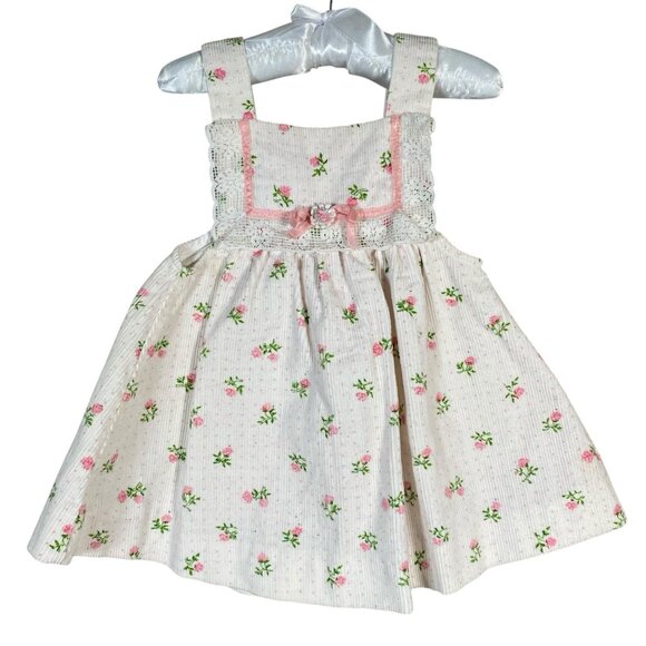 Vintage Tiny Tots Baby Girl Dress 6-12M White Corduroy Dainty Pink Flowers Lace - Picture 1 of 9